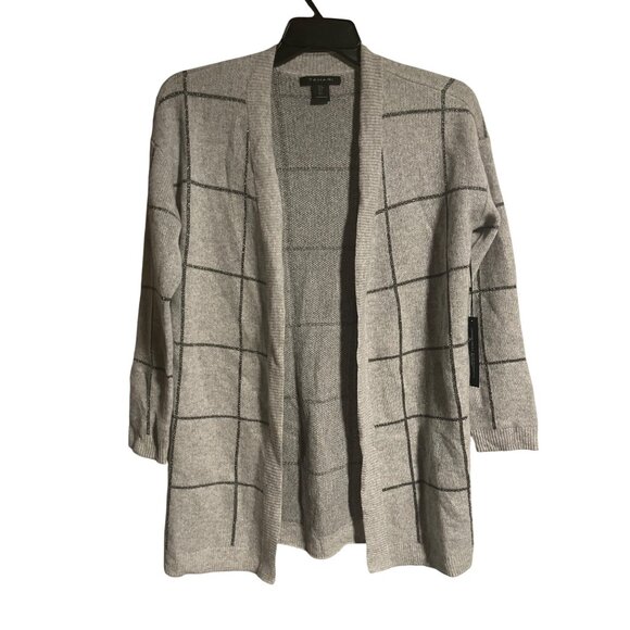 Tahari Womens Open Front Cardigan Sweater Size S Cashmere Blend Gray Windowpane - Picture 1 of 6